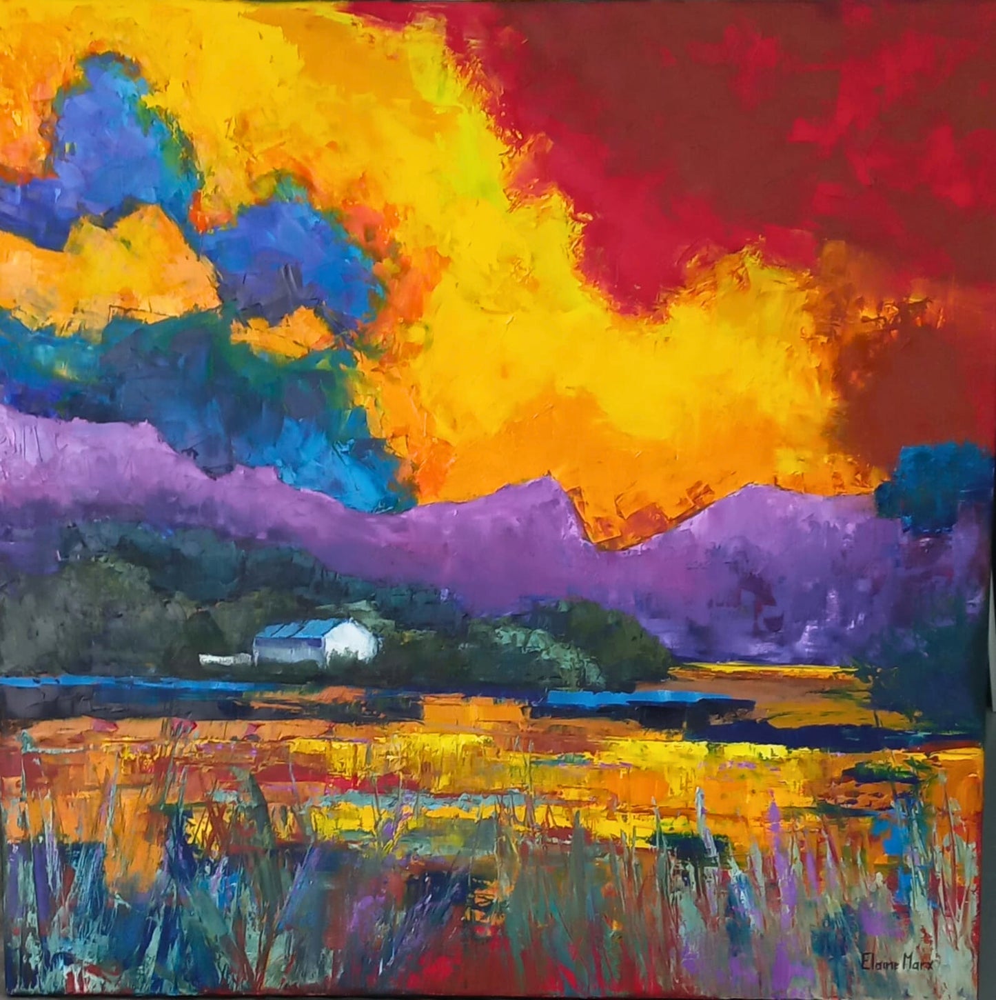 Oil painting of a fiery sunset over purple mountains, with a small white cottage in the valley and fields glowing in warm colours.