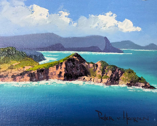 Miniature oil painting of Cape Point — rugged cliffs, turquoise sea, and distant mountains — a smaller-scale version of the grand view.
