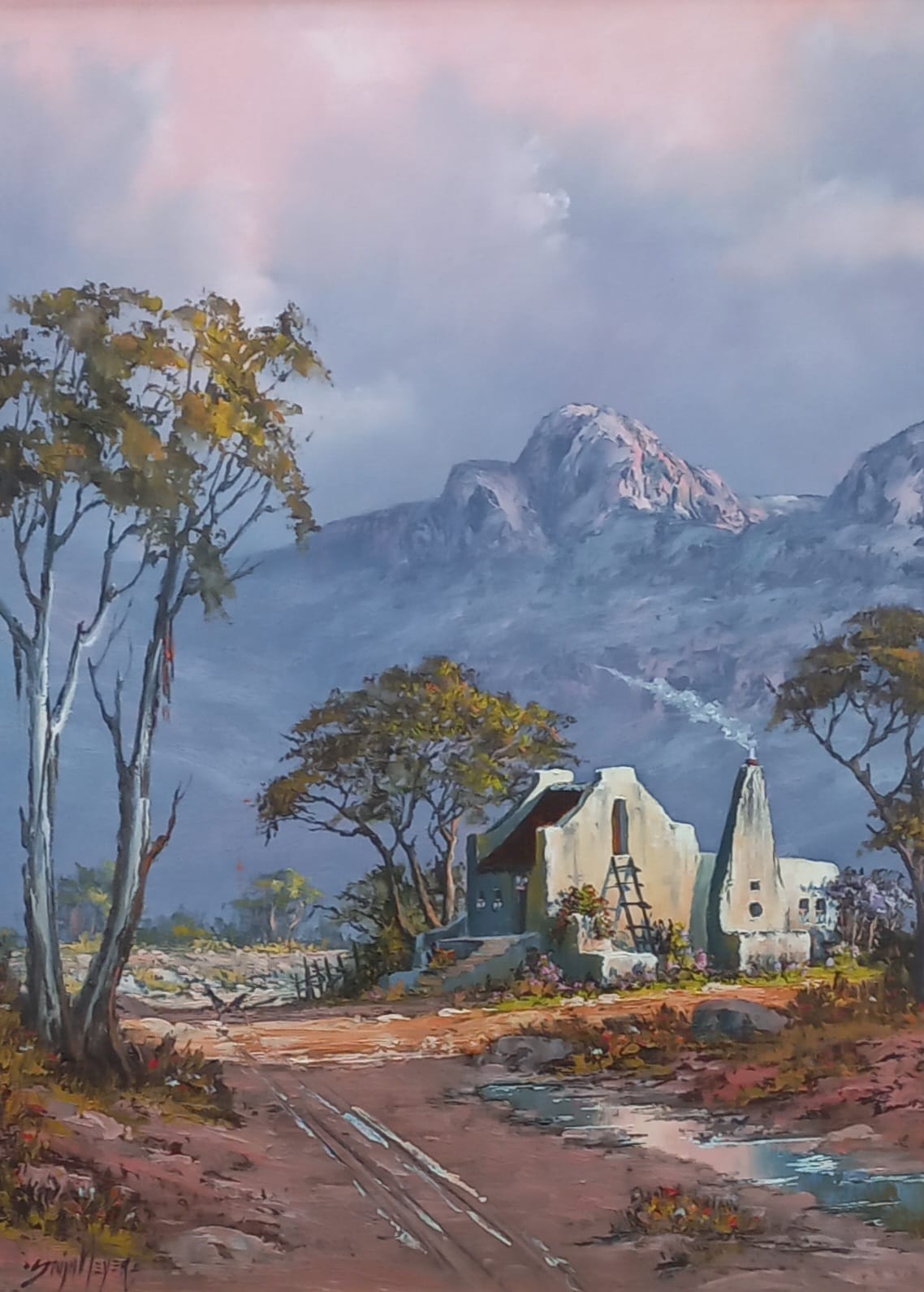 Oil painting of a white cottage nestled beneath misty mountains at dusk, with smoke rising from its chimney and trees framing the scene.