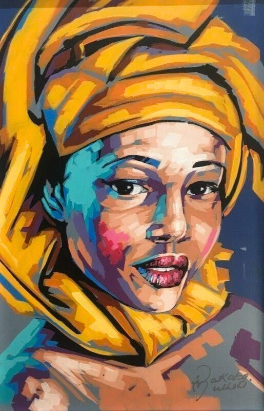 Mixed media portrait of a woman with warm skin tones and direct gaze, surrounded by soft golden and blue brushstrokes.