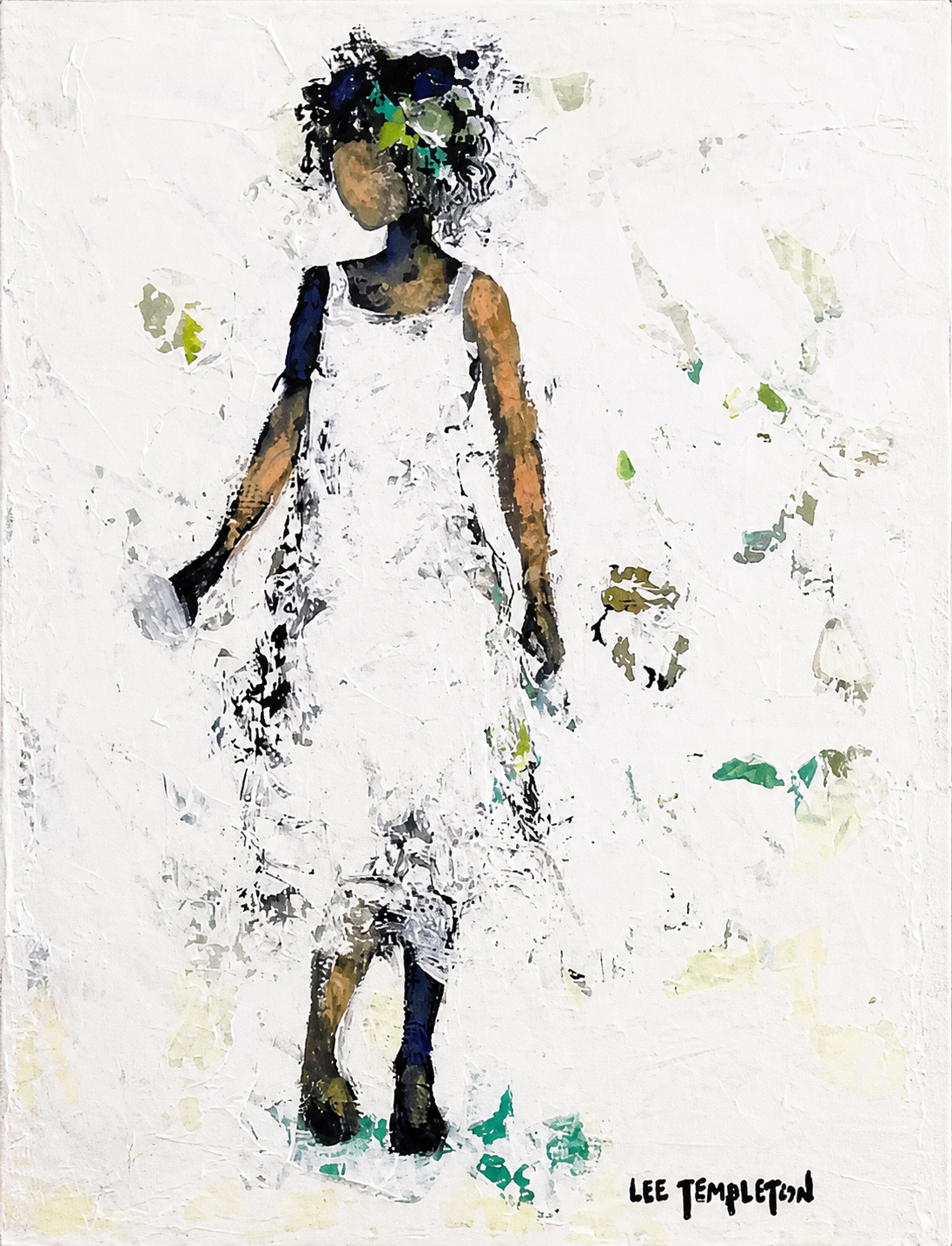 Lee Templeton original artwork showing a stylised female figure in a long white dress with soft green and blue accents.