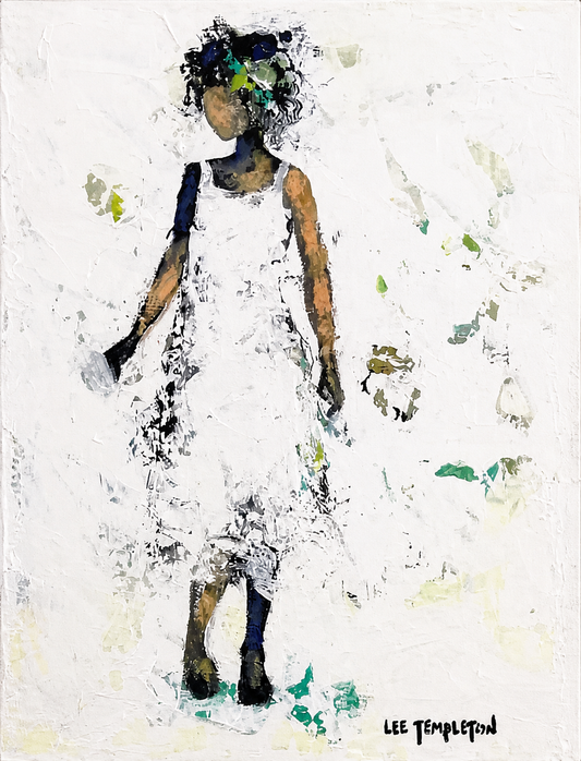 Lee Templeton original artwork showing a stylised female figure in a long white dress with soft green and blue accents.