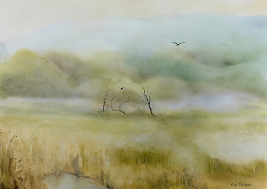 Kim Paxton original artwork featuring a soft abstract landscape with sage green tones, delicate tree forms and birds in flight.