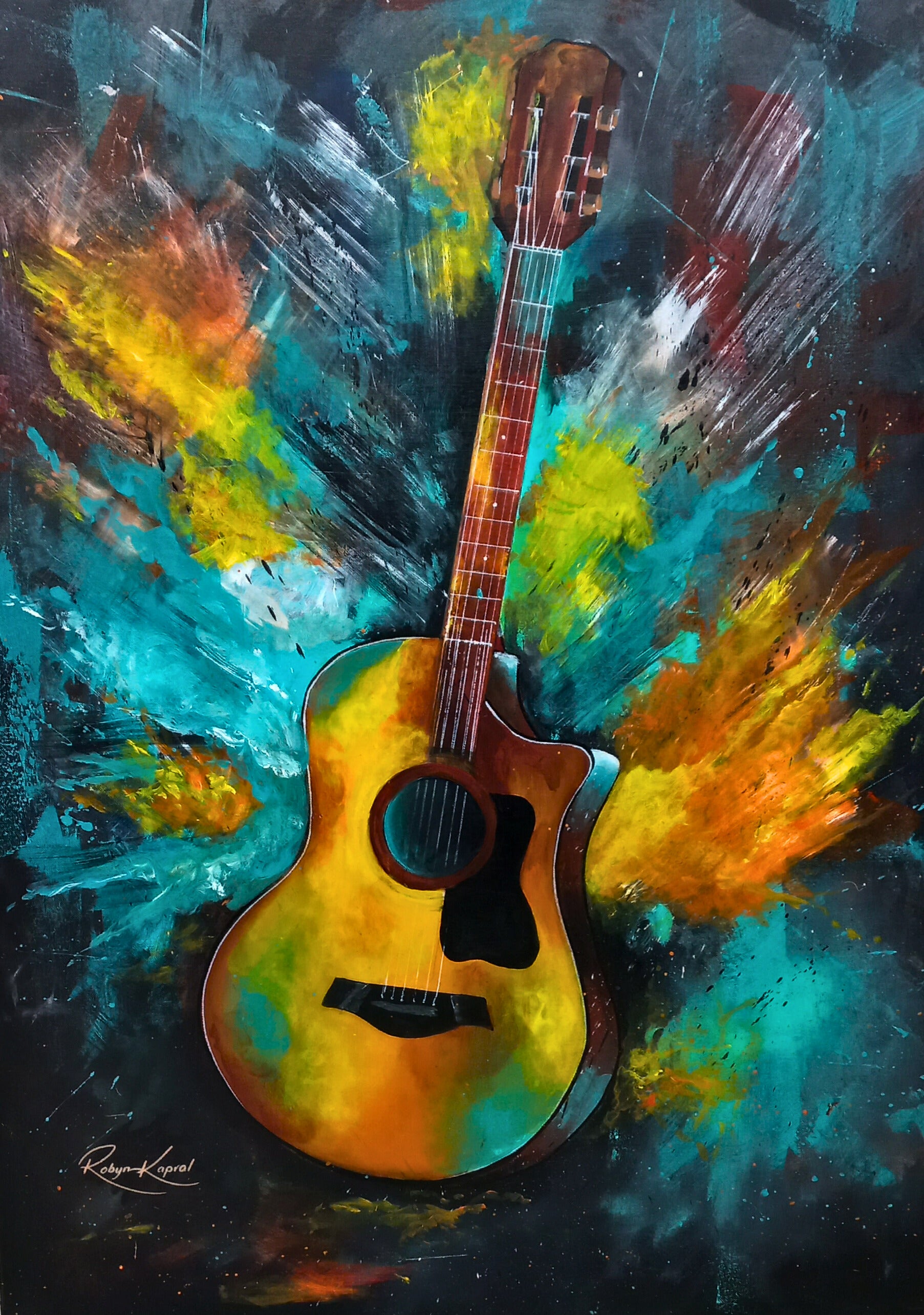 Acrylic painting of an acoustic guitar surrounded by explosive splashes of yellow, blue, and orange against a dark background.
