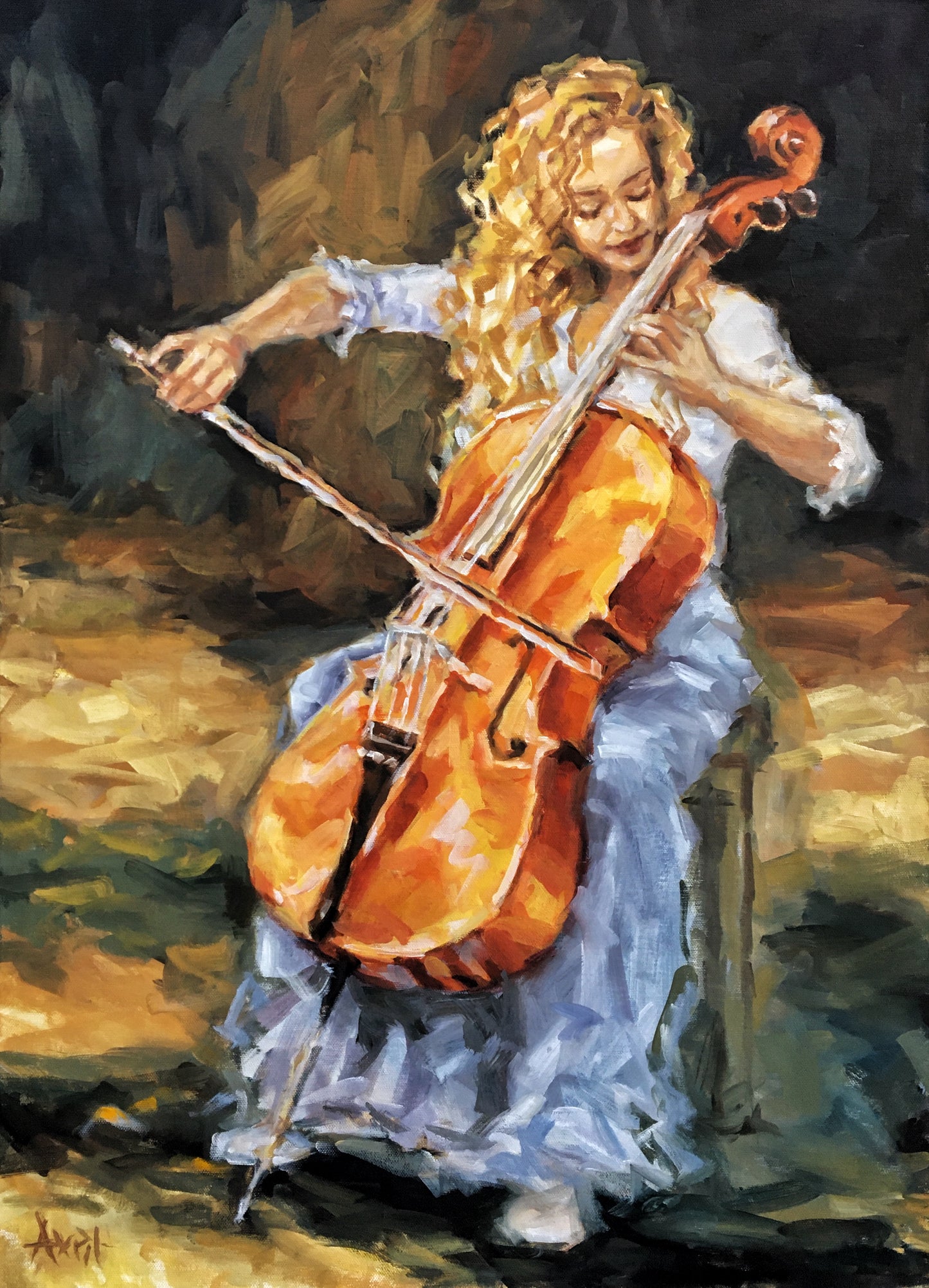 Oil painting of a woman with curly blonde hair playing a cello, dressed in white, against a dark, warmly lit background.