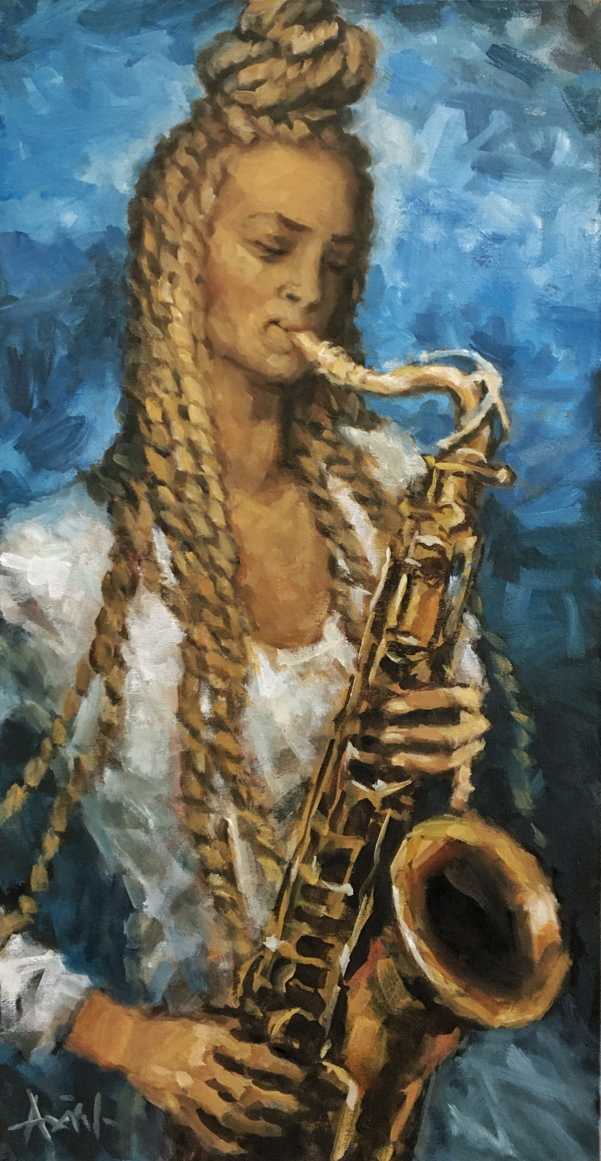 Vibrant oil painting of a woman with braided hair playing a golden saxophone against a swirling blue background.