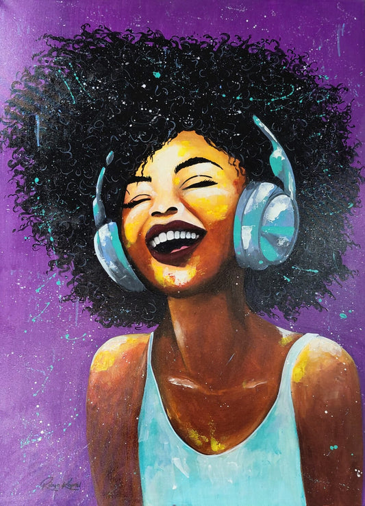 Acrylic painting of a woman with headphones, eyes closed and smiling, against a vivid purple background with colourful splatters.