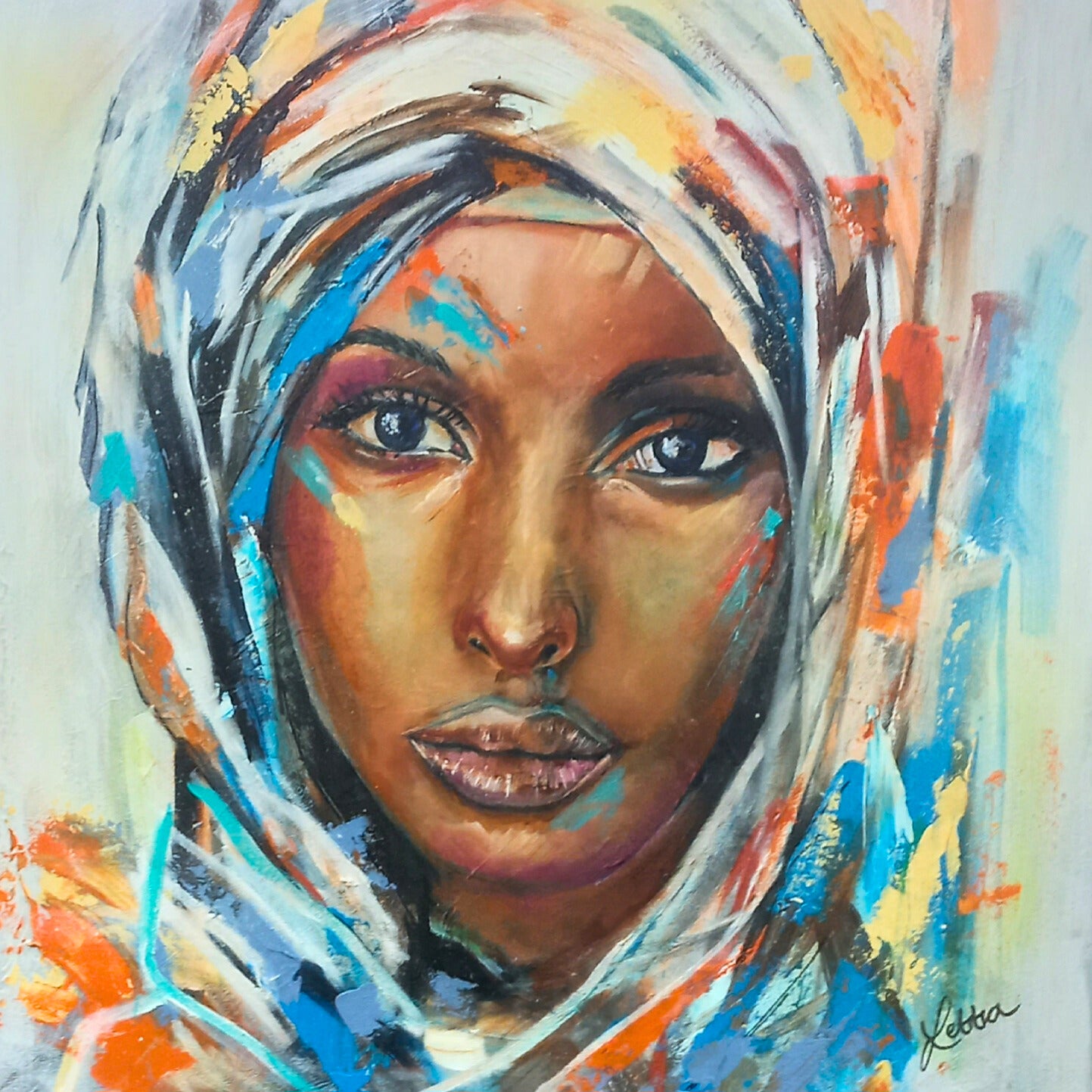 Mixed media portrait of a woman with calm, direct gaze, surrounded by soft washes of blue, white, and orange.