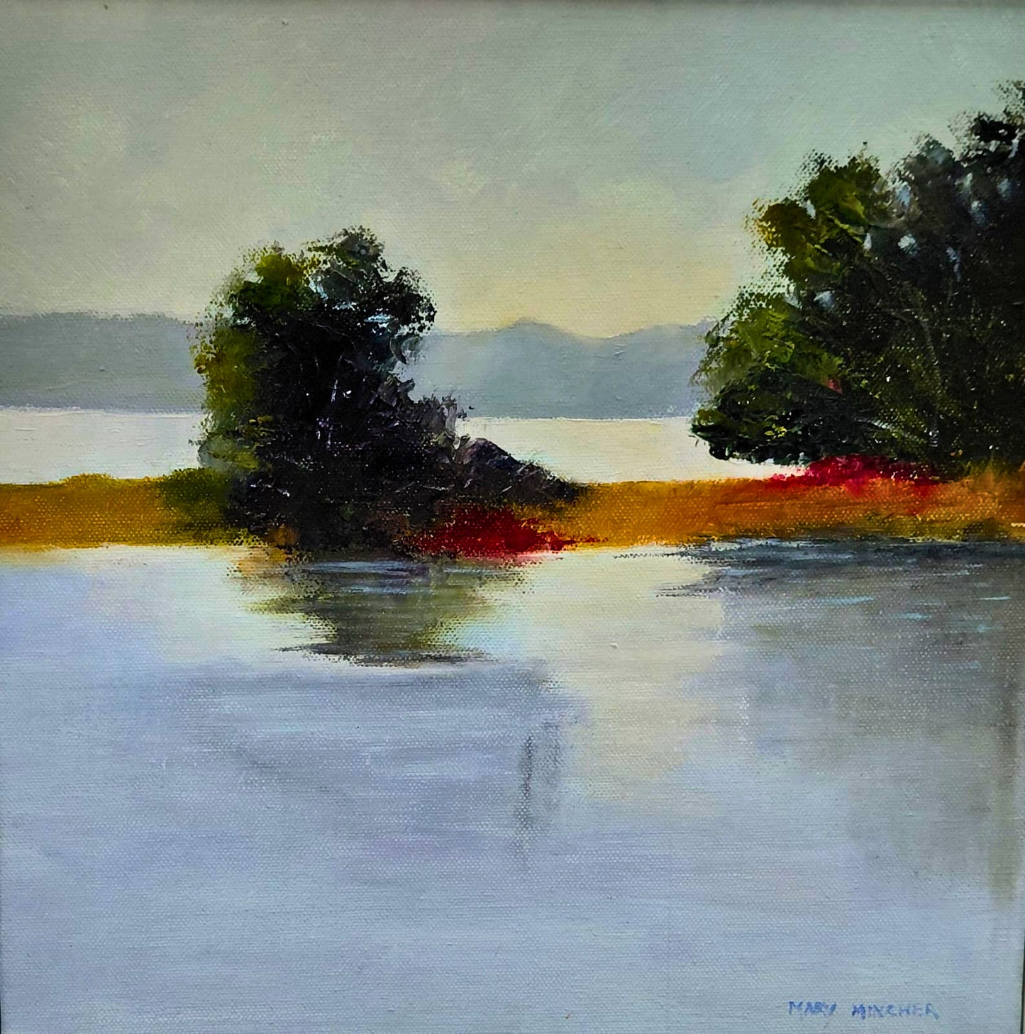 Oil painting of a calm body of water reflecting trees and distant mountains under a muted sky.