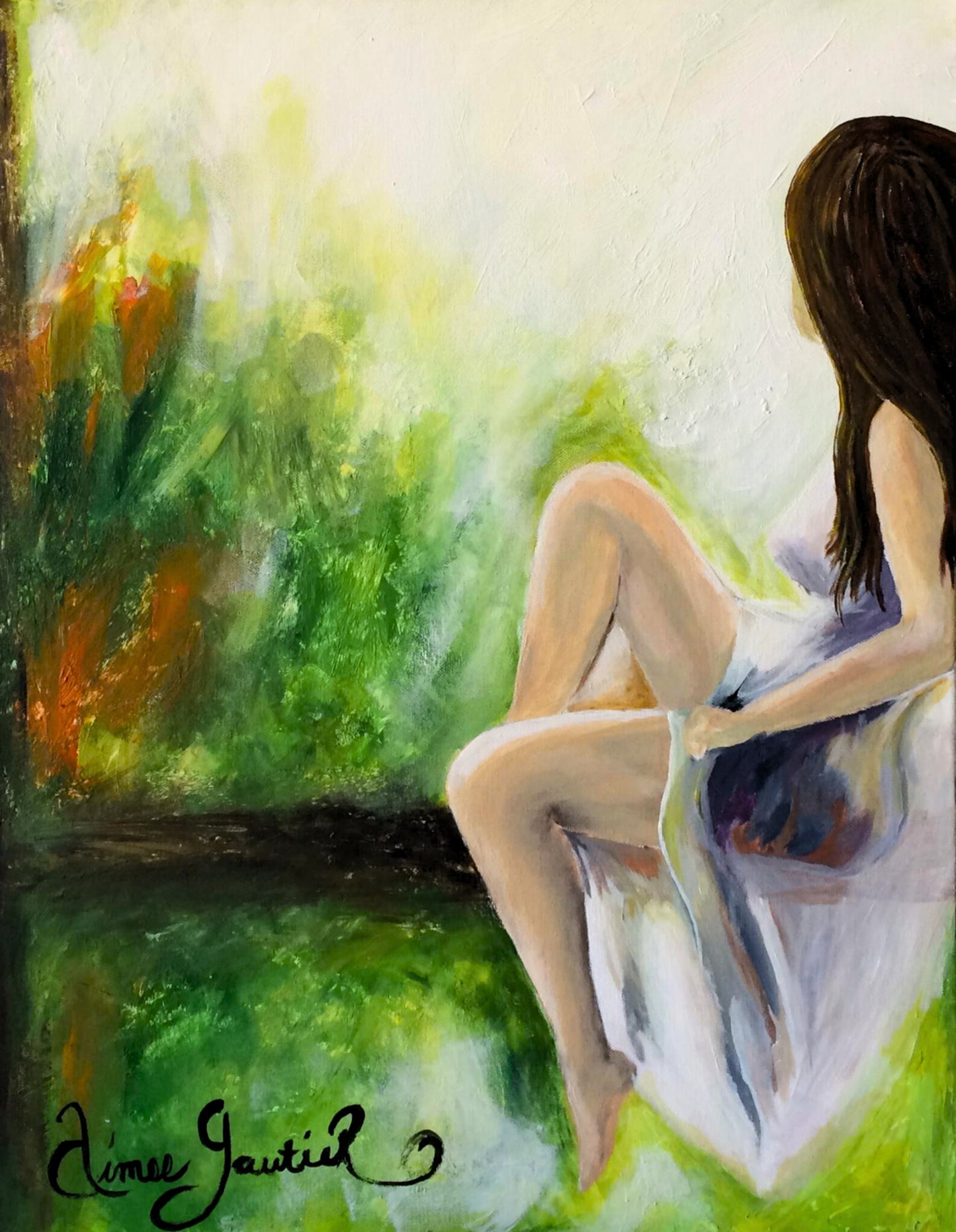 Serene oil painting by Aimee Grautier of a woman in a white dress sitting on a bench in a sunlit garden — ideal for tranquil home decor, bedroom art, or feminine wall accents.