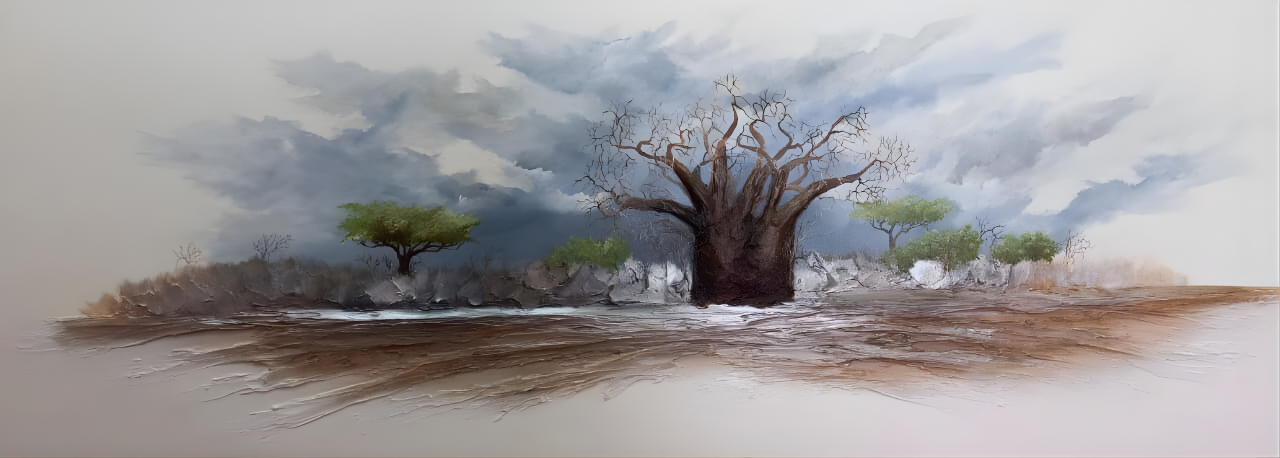 Oil painting of a large baobab tree standing alone under a stormy sky, surrounded by smaller green trees and dry earth.