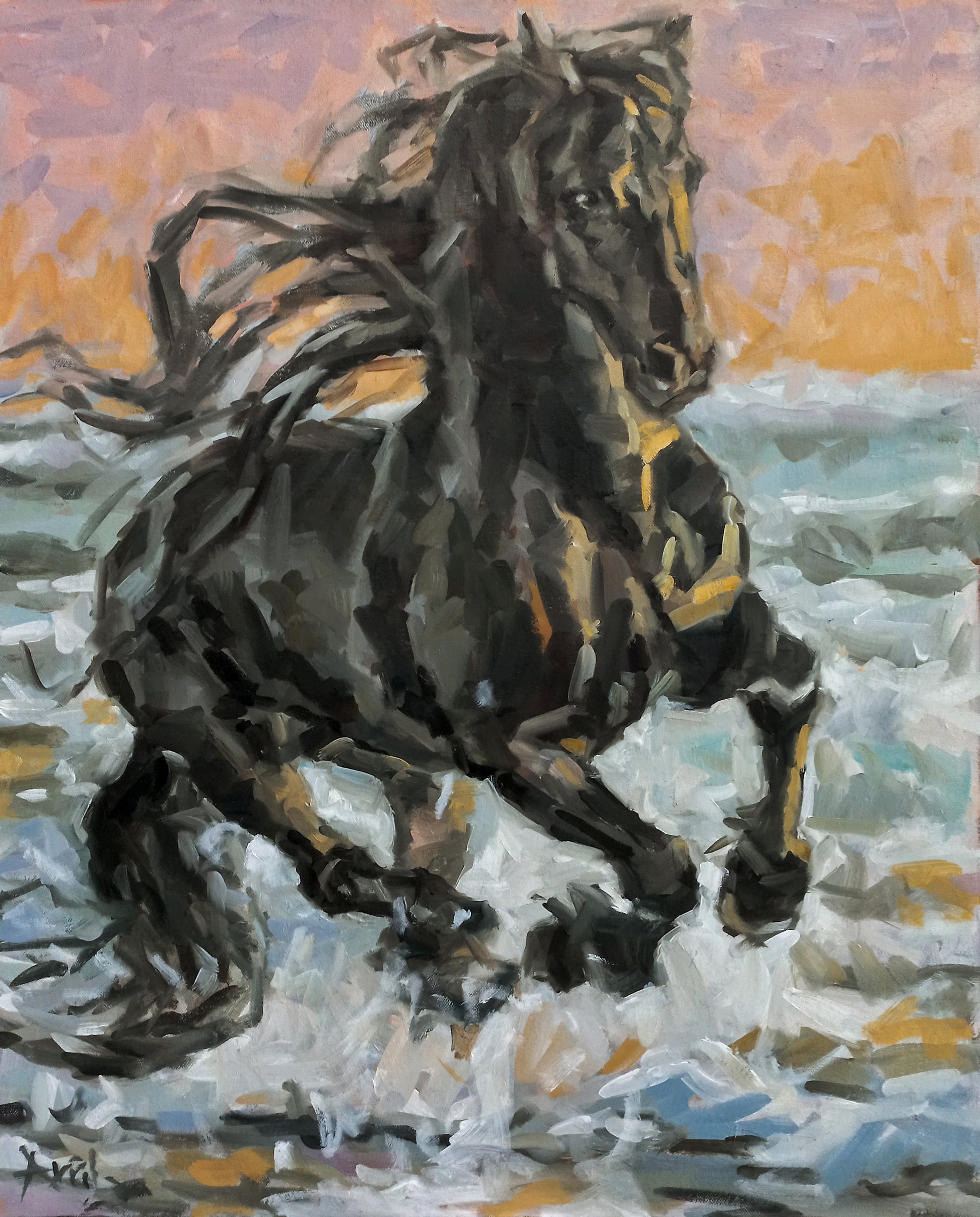 Oil painting of a dark horse galloping through mist against a warm sunset sky, painted with bold, expressive brushstrokes.
