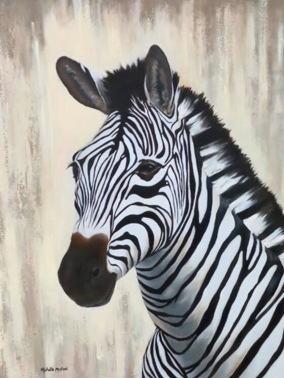 Acrylic painting of a zebra’s head and neck in profile, with bold black and white stripes, against a textured beige background.