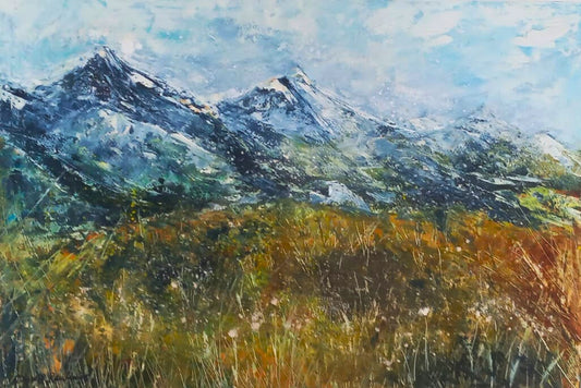 Oil painting of snow-capped mountains rising above a golden grassy field, under a soft blue sky with wispy clouds.