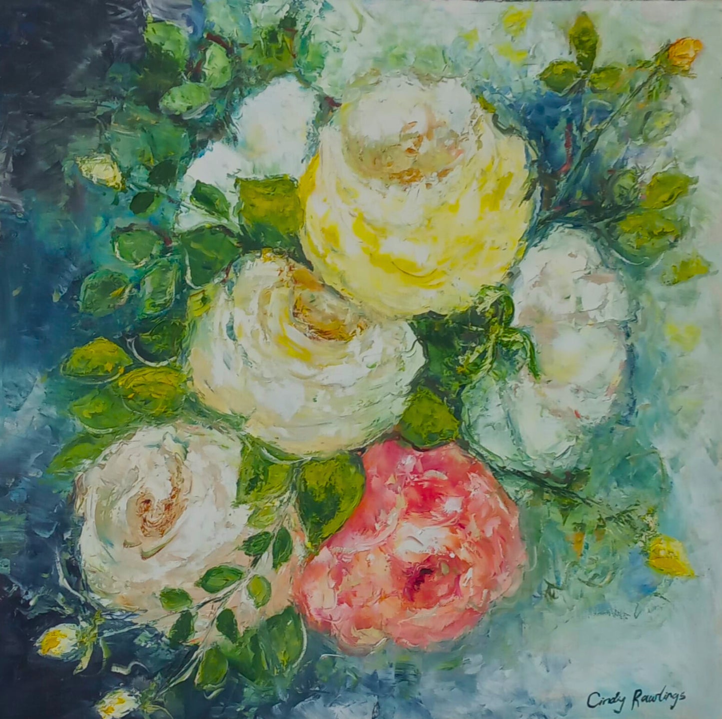 Oil painting of a bouquet featuring a large yellow rose and a pink rose, surrounded by green leaves against a soft blue and white background.