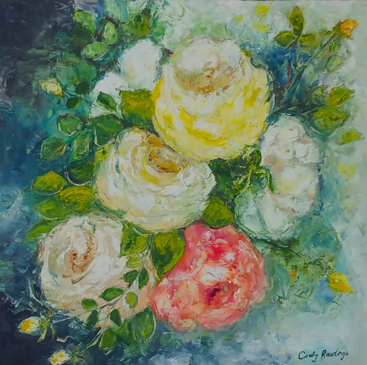 Oil painting of a bouquet featuring a large yellow rose and a pink rose, surrounded by green leaves against a soft blue and white background.