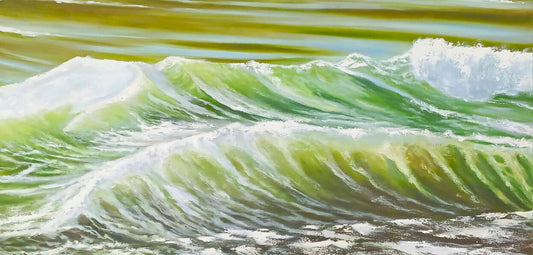 Oil painting of underwater light rays shining through turquoise water, illuminating coral and small fish below.