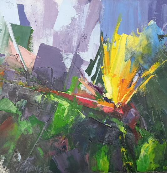 Mixed media abstract featuring a explosive burst of yellow and orange against deep green and purple background, with textured impasto.