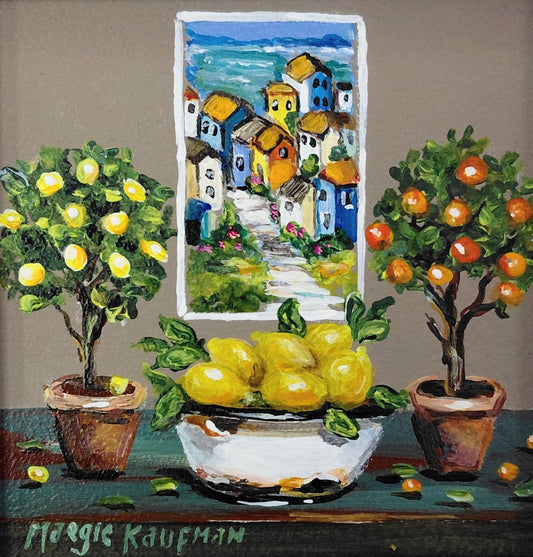 Oil painting of a still life with lemons, potted citrus trees, and a framed village scene in the background.