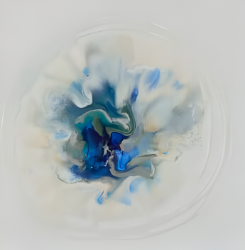 Mixed media abstract painting of a circular swirl of blue, white, and silver paint, resembling a vortex or tidal pool.