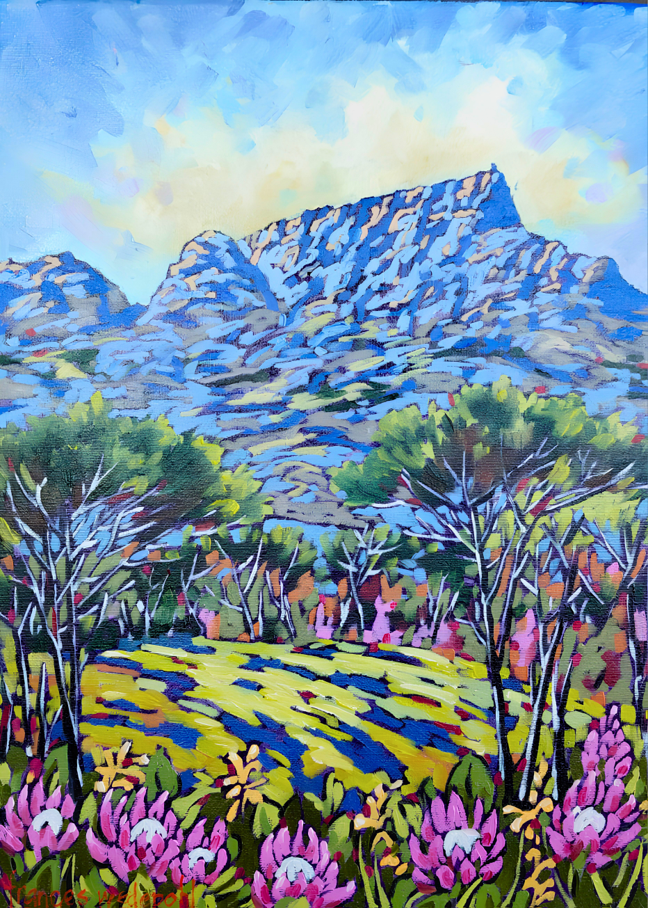Colourful contemporary painting of Table Mountain with Cape fynbos, proteas, blue mountain tones and vibrant green landscape d