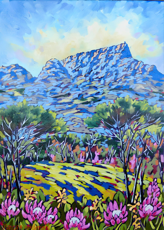 Colourful contemporary painting of Table Mountain with Cape fynbos, proteas, blue mountain tones and vibrant green landscape d