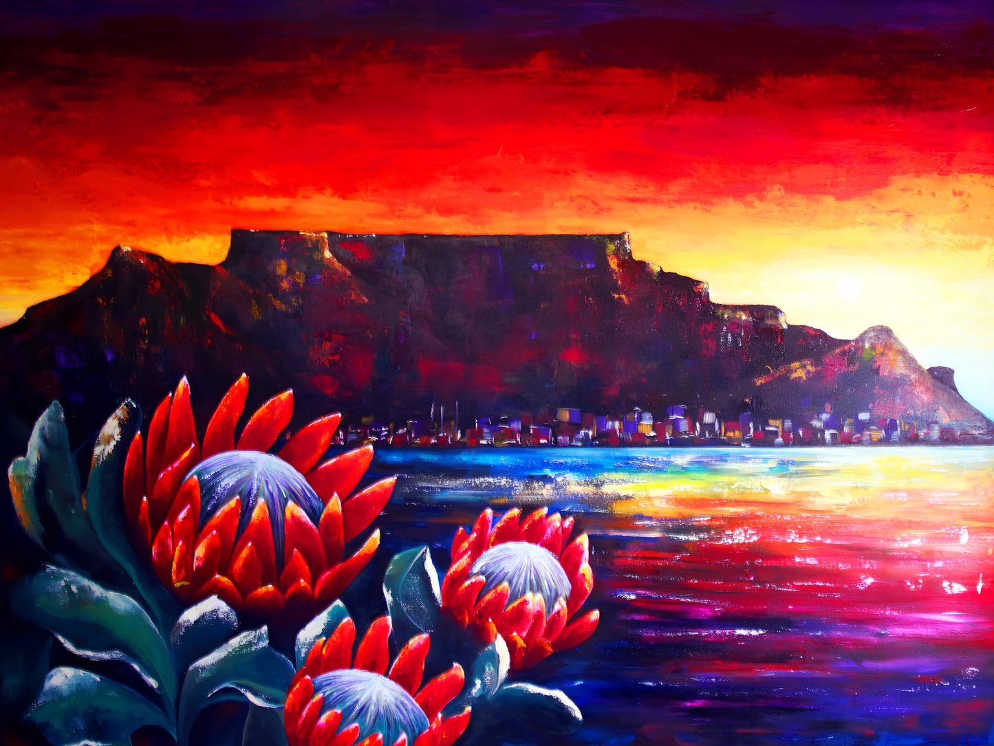 Robyn Kapral acrylic artwork showing Table Mountain at sunset with red proteas in the foreground and a vibrant coastal view