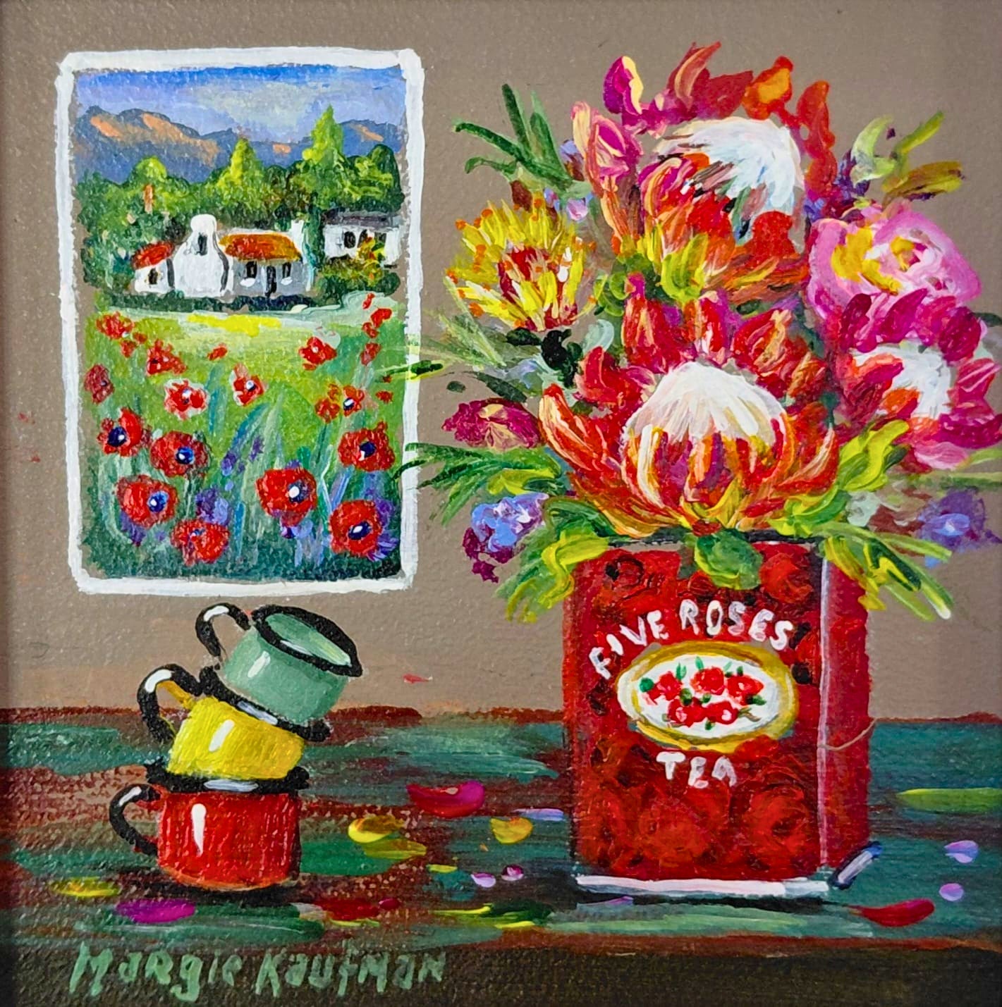 Oil painting of a "Five Roses Tea" tin overflowing with flowers, stacked enamel cups, and a cottage landscape painting.