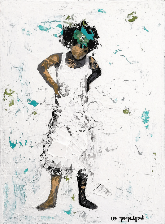 Lee Templeton original artwork featuring a stylised female figure in a textured white dress with teal and green accents.