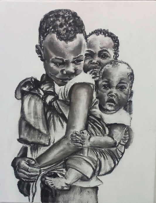 Black and white oil painting of three African children embracing, one holding the youngest close, rendered in soft, textured brushstrokes.