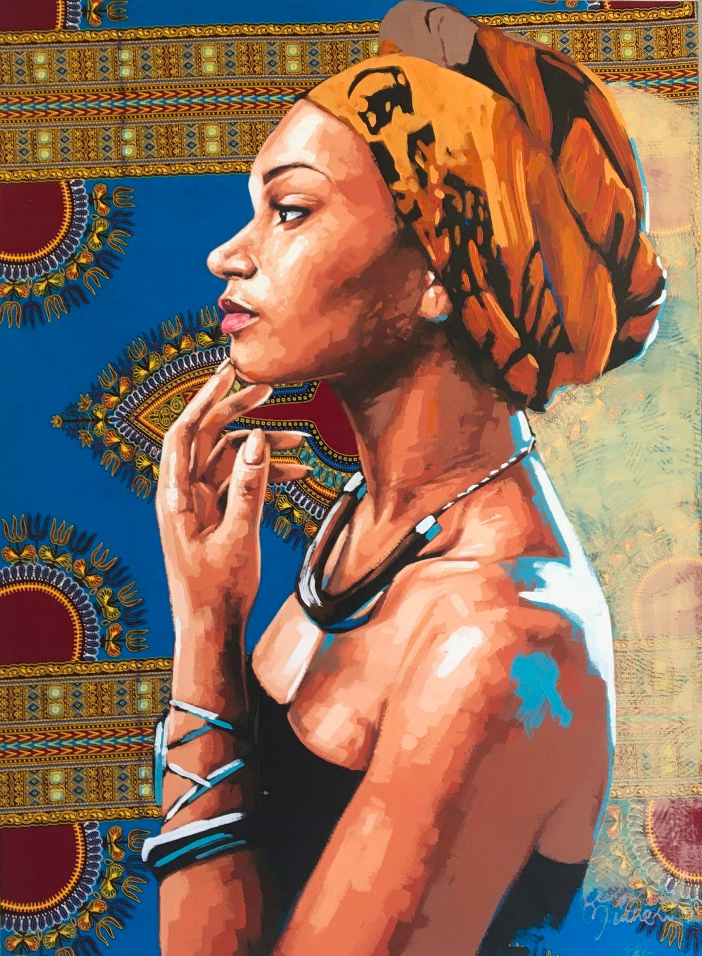 Mixed media portrait of a woman in profile, hand near her chin, against a richly patterned background.