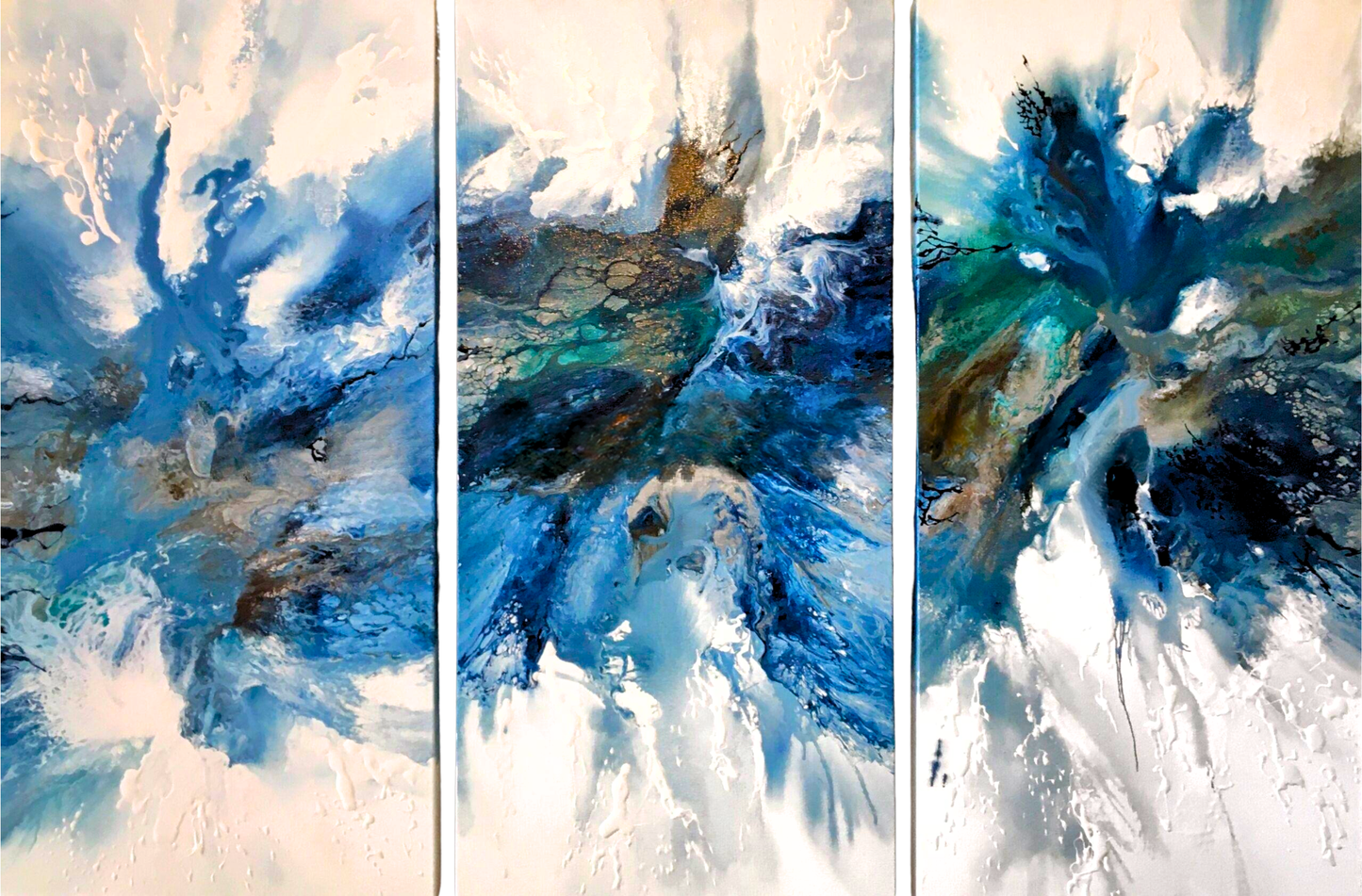 Three-panel mixed media triptych depicting a powerful ocean wave in motion — left: foam burst, centre: deep current, right: cresting surge.