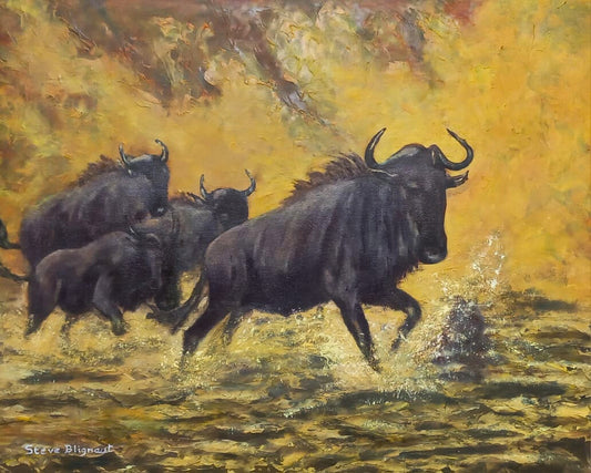 Oil painting of four wildebeest running through shallow water, their dark forms powerful against a golden background.
