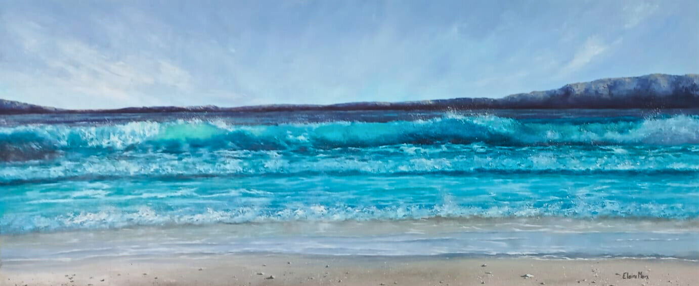 Oil painting of turquoise ocean waves rolling onto a sandy beach, with distant hills under a soft blue sky.