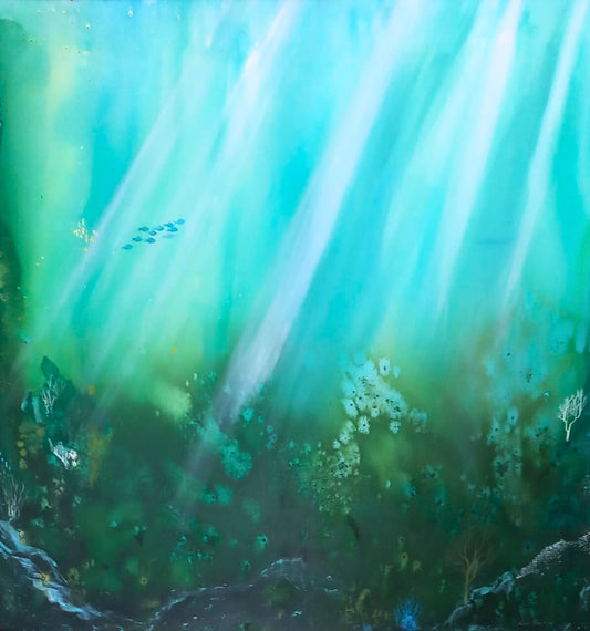 Mixed Medium painting of rolling green ocean waves with white foam, captured in dynamic motion against a soft horizon.