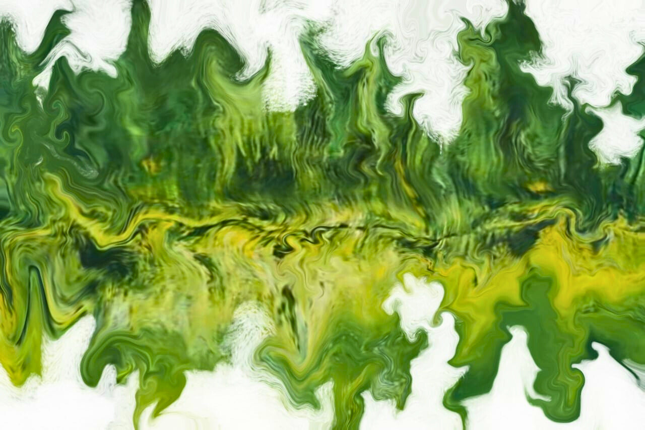 Mixed media abstract painting featuring swirling shades of green and white, resembling flowing water or forest mist.