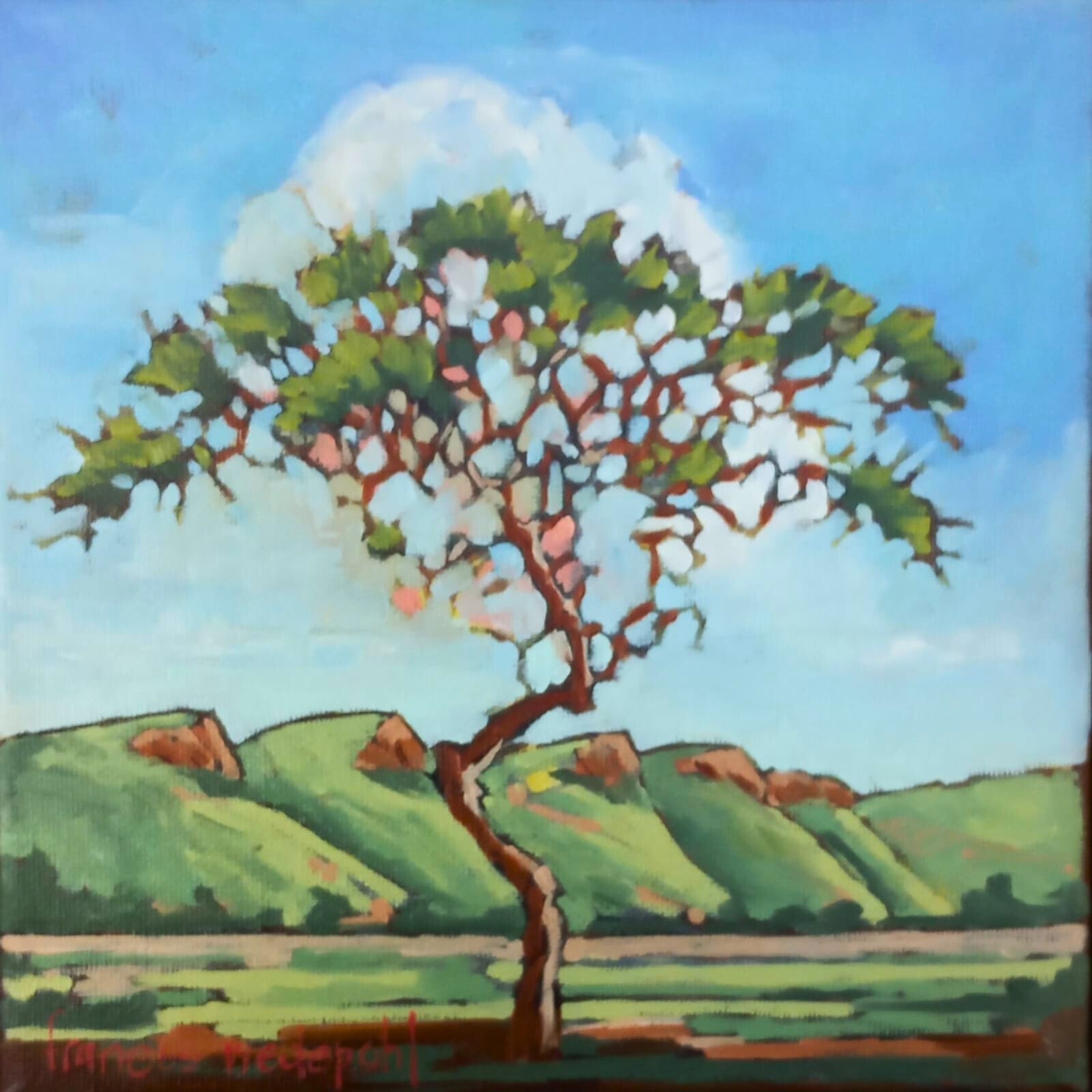 Oil painting of a solitary tree with green leaves standing against rolling green hills and a bright blue sky.