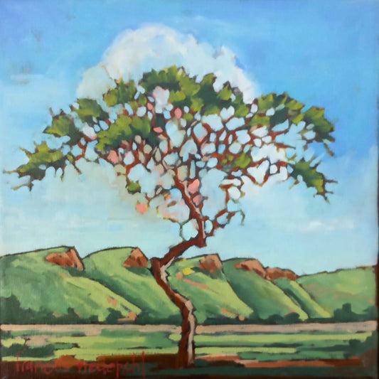 Oil painting of a solitary tree with green leaves standing against rolling green hills and a bright blue sky.