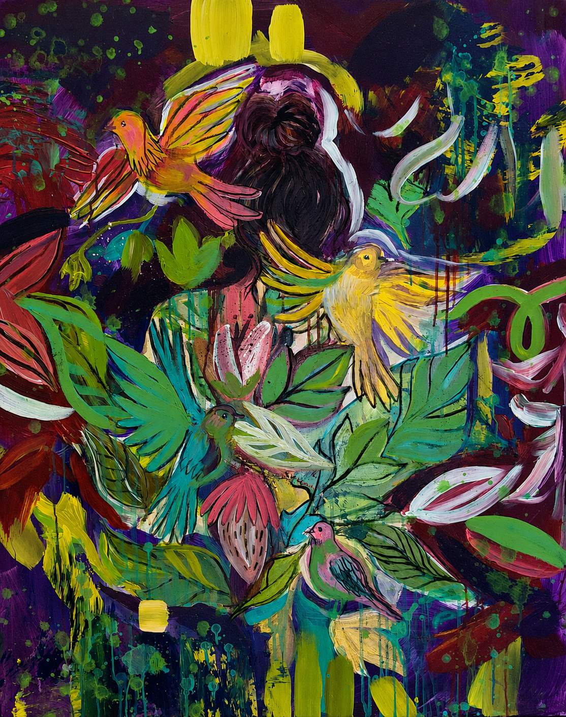Original artwork featuring tropical birds surrounded by lush green leaves, pink floral forms and vibrant layered abstract colours.