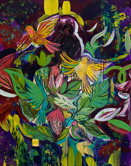 Original artwork featuring tropical birds surrounded by lush green leaves, pink floral forms and vibrant layered abstract colours.