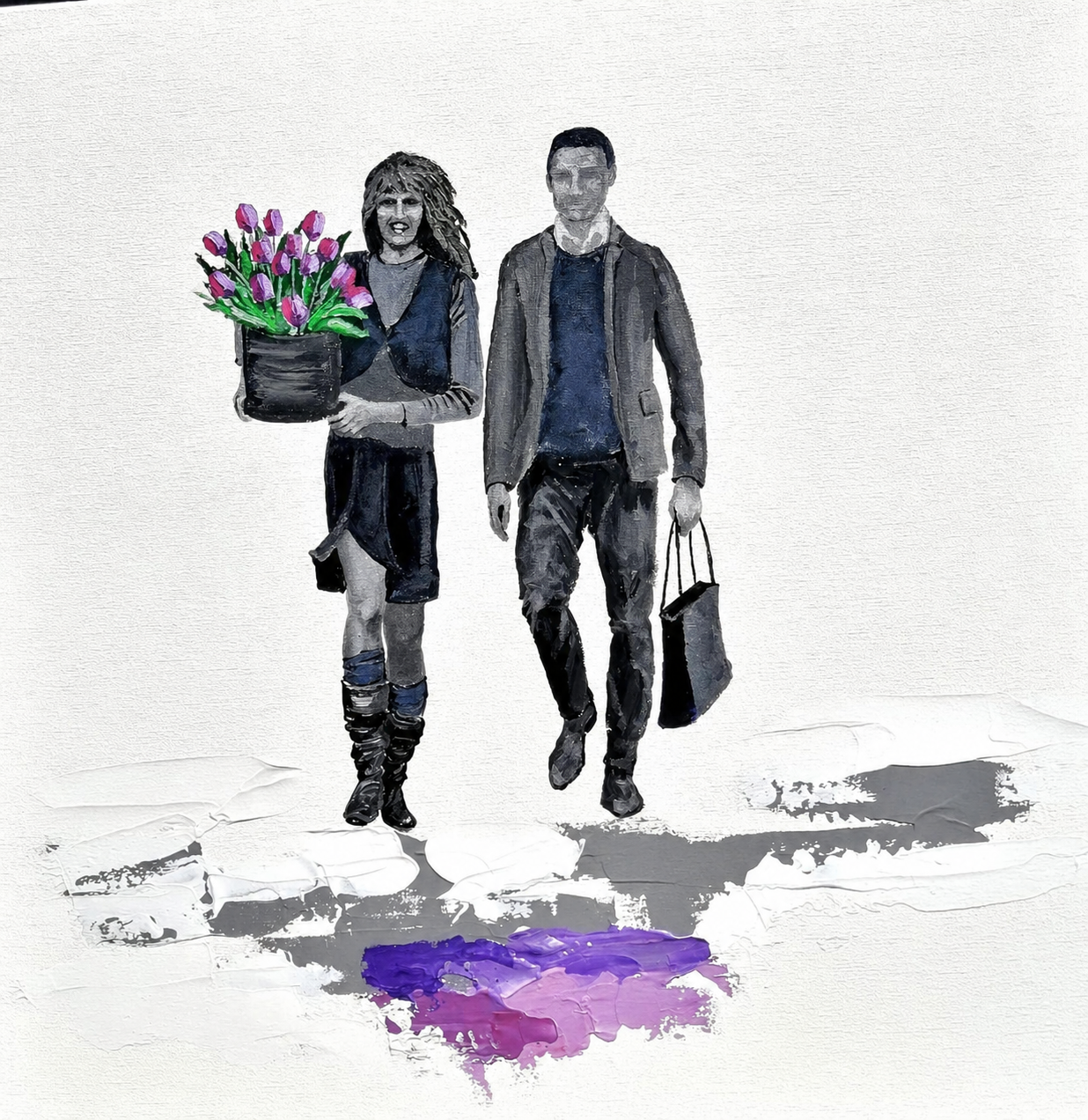 Lee Templeton original artwork featuring a stylised couple walking, with pink tulips, shopping bags and soft abstract detail on a white ground.