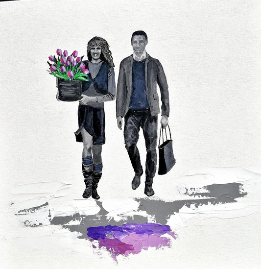 Lee Templeton original artwork featuring a stylised couple walking, with pink tulips, shopping bags and soft abstract detail on a white ground.