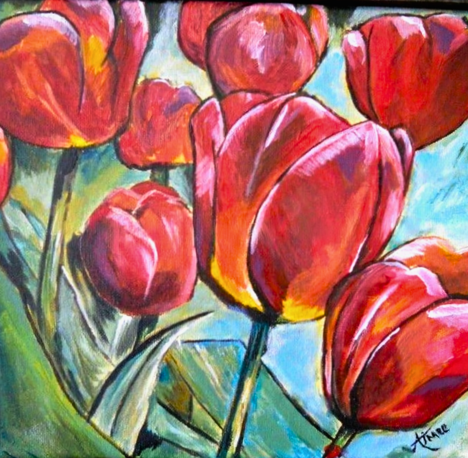 Aimee Grautier Red Tulip Painting – Vibrant Floral Art for Spring Decor & Kitchen Wall Art
