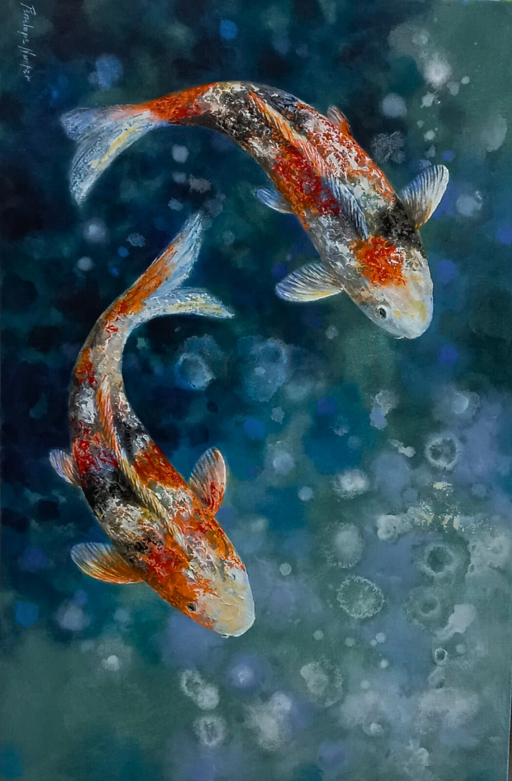 Oil painting of two koi fish swimming in opposite arcs through deep blue water, with vivid red, white, and black markings.