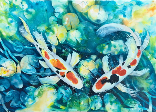 Jo Bernard original artwork featuring two koi fish swimming above lily pads in a richly coloured blue-green pond.