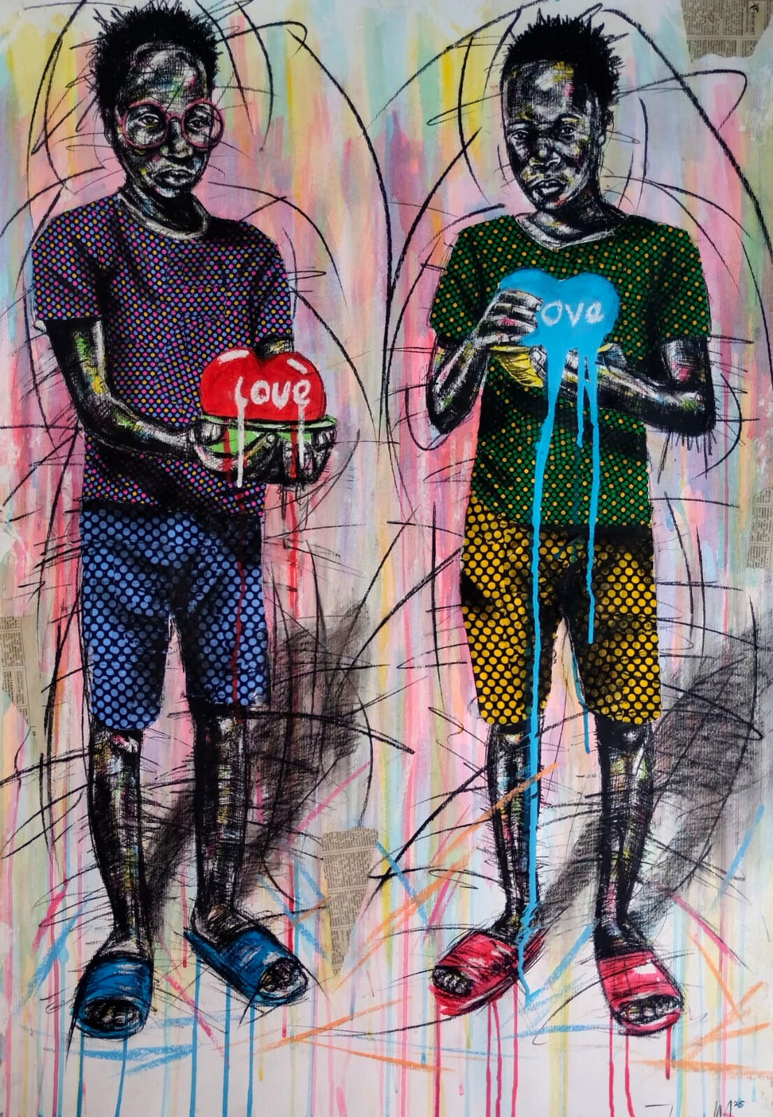 Mixed media painting of two African children standing side by side, each holding a heart (red and blue) with the word “love” on it.
