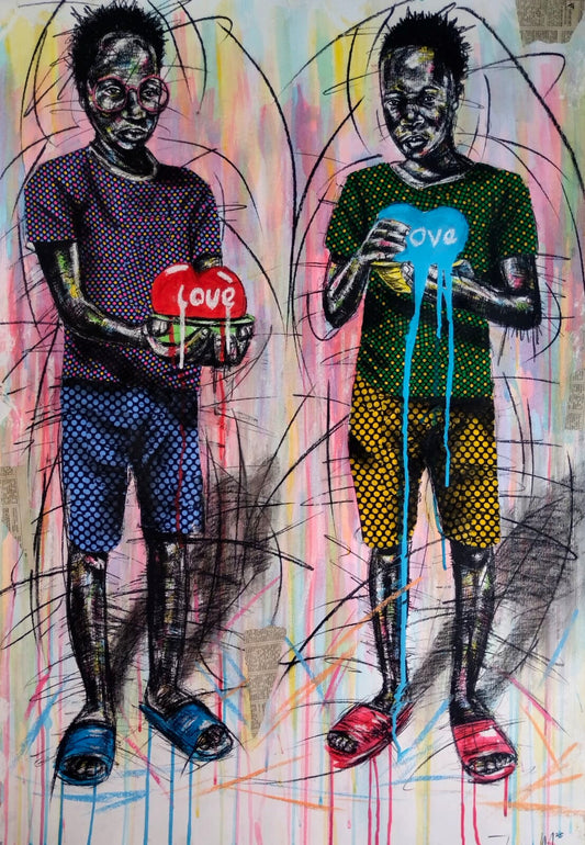 Mixed media painting of two African children standing side by side, each holding a heart (red and blue) with the word “love” on it.
