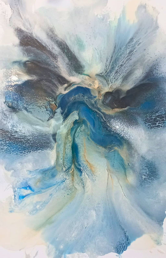 Mixed media abstract resembling a blooming flower, with soft blue, white, and gold radiating from the centre against a pale background.