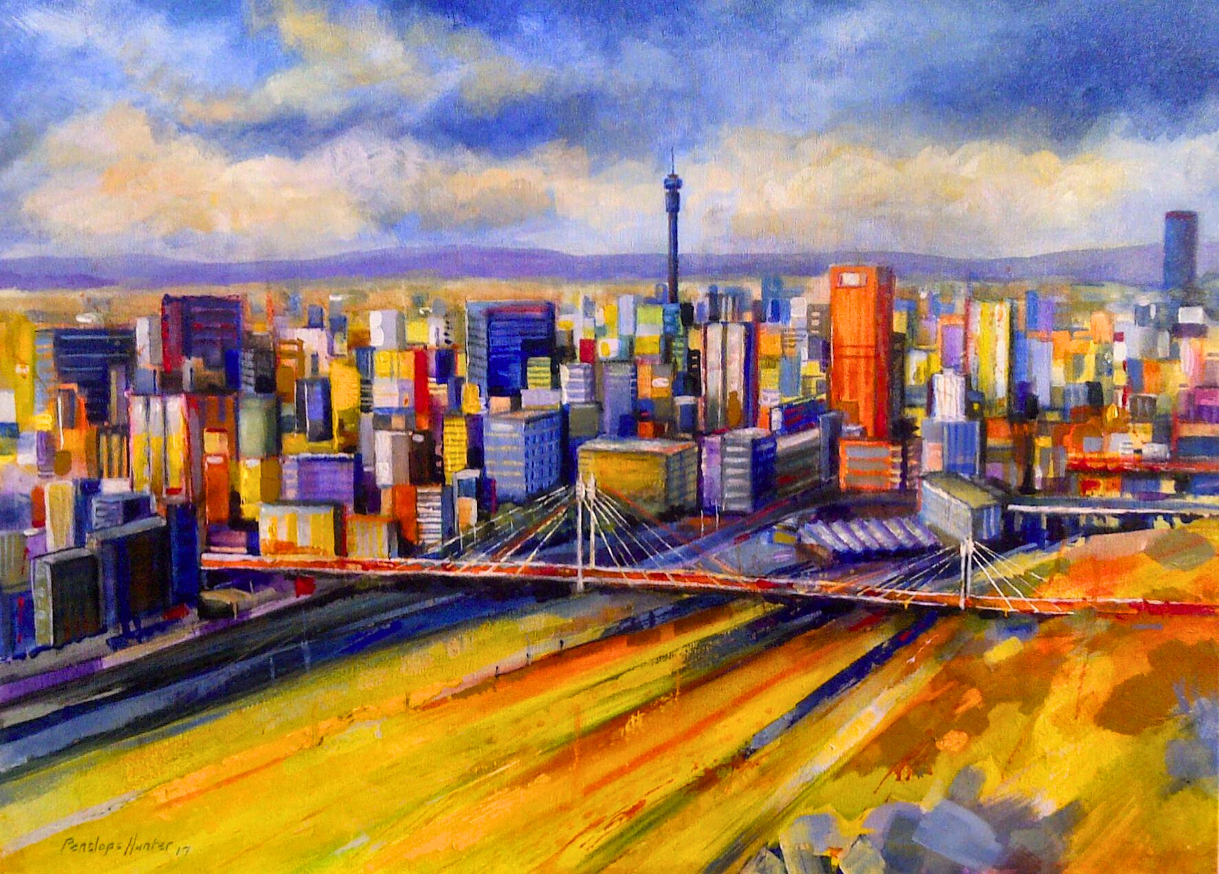 Vibrant oil painting of a colourful city skyline with a modern bridge and distant hills, under a dramatic blue and cloudy sky.