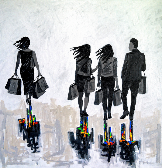 Lee Templeton original artwork showing four stylised shoppers walking above a reflective cityscape with colourful abstract accents.